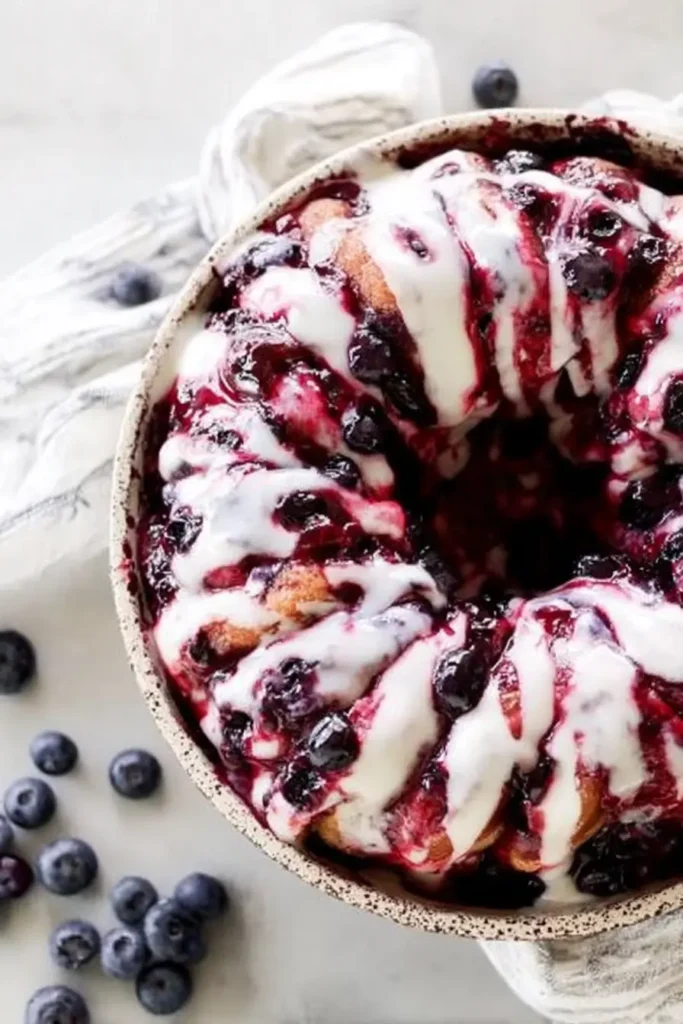 Lemon Blueberry Monkey Bread with glaze and blueberry topping close-up