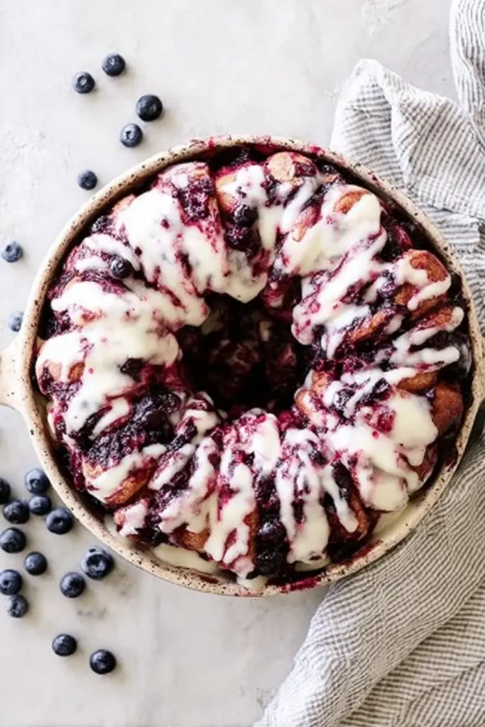 Lemon Blueberry Monkey Bread with glaze in baking dish top view