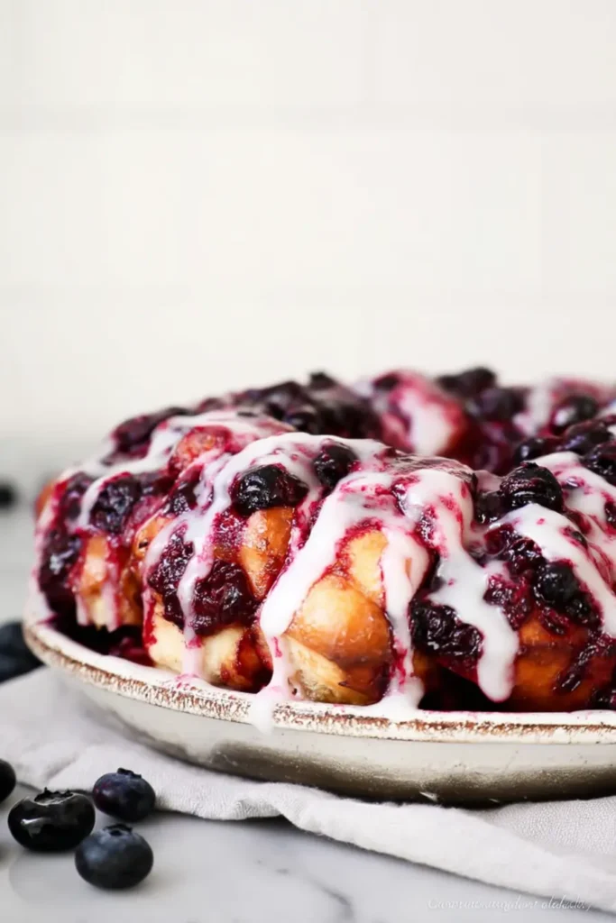 Lemon blueberry monkey bread with glaze and fresh berries on a plate