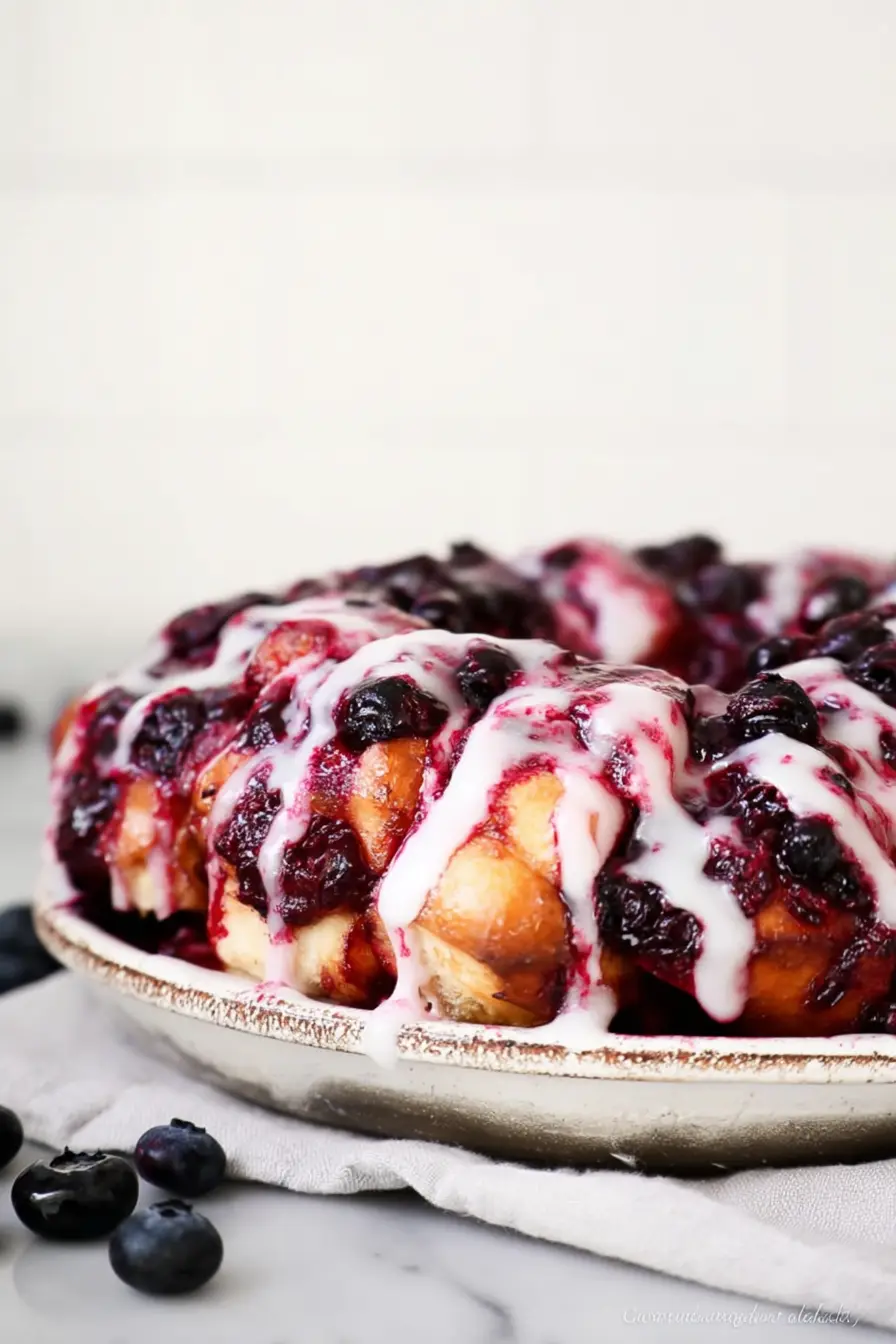 Lemon blueberry monkey bread with glaze and fresh berries on a plate