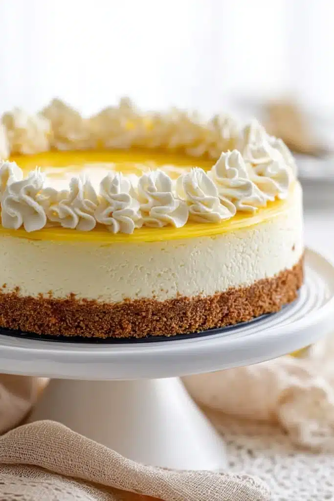 lemon cheesecake with whipped cream and glossy lemon topping on cake stand