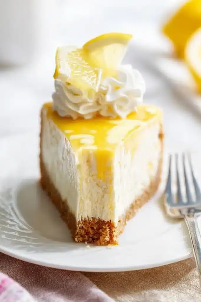 lemon cheesecake recipe slice with lemon topping and whipped cream on plate
