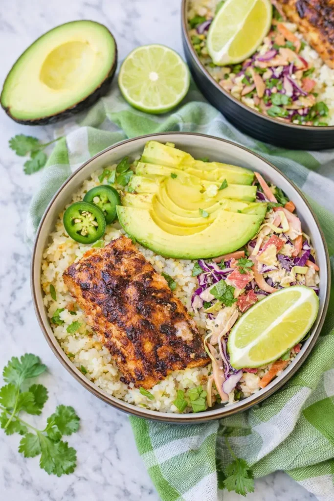 Low Carb Fish Taco Bowls with grilled fish, avocado, slaw, and cauliflower rice