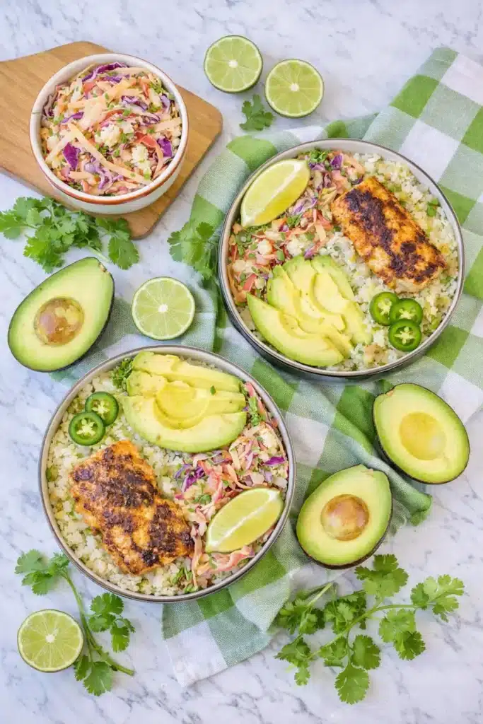 Low Carb Fish Taco Bowls with cauliflower rice, avocado, slaw, and grilled fish