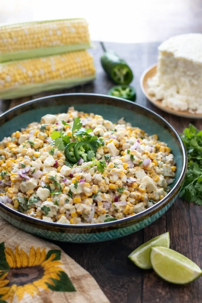 Mexican street corn salad with charred corn, queso fresco, jalapeño, and lime in a rustic bowl