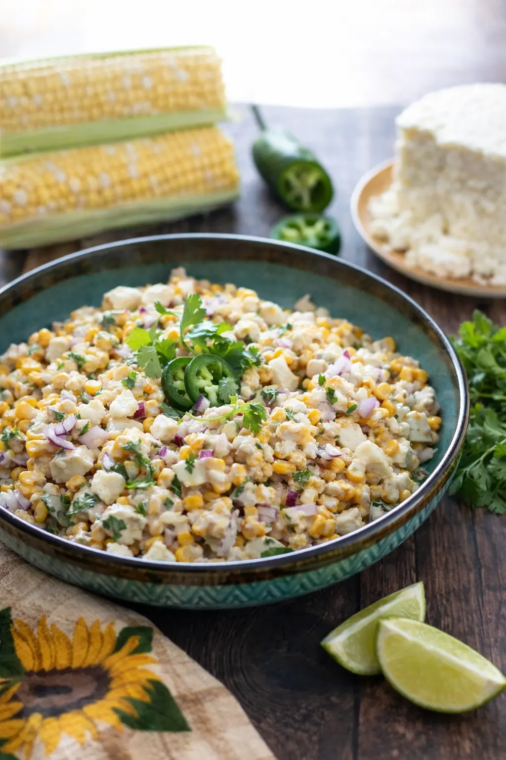 Mexican street corn salad with charred corn, queso fresco, jalapeño, and lime in a rustic bowl