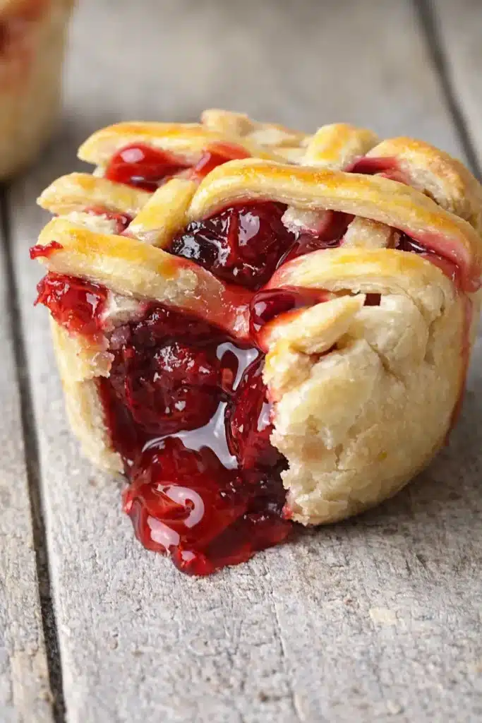Mini cherry pie with flaky crust and glossy cherry filling on a rustic surface