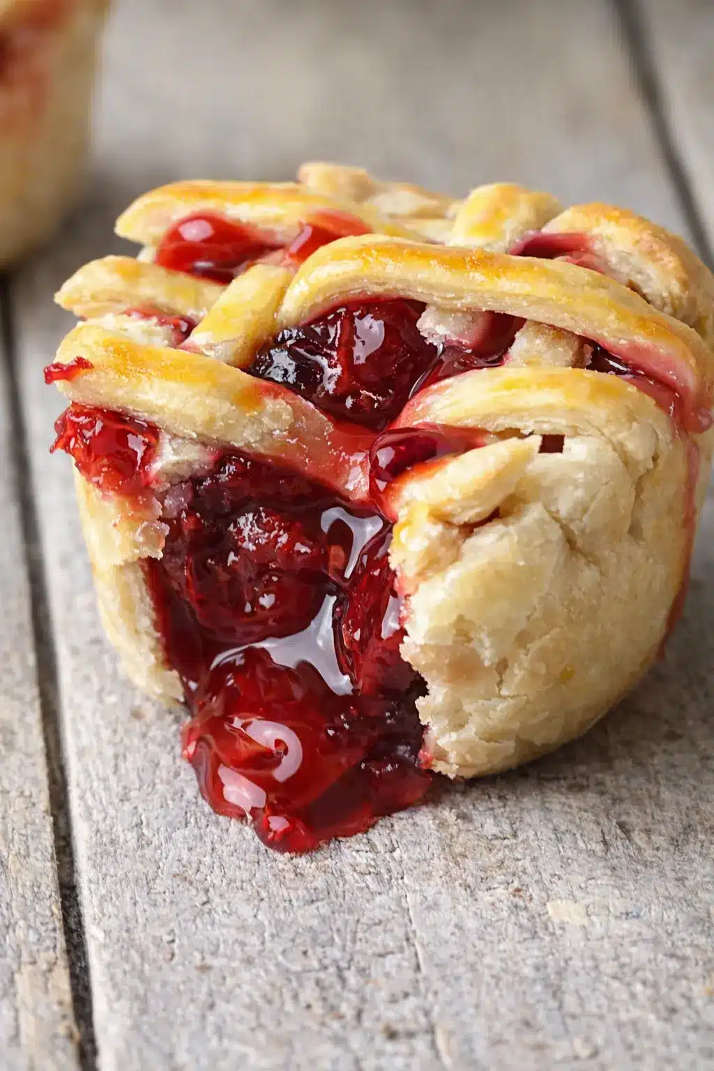 Mini cherry pie with flaky crust and glossy cherry filling on a rustic surface