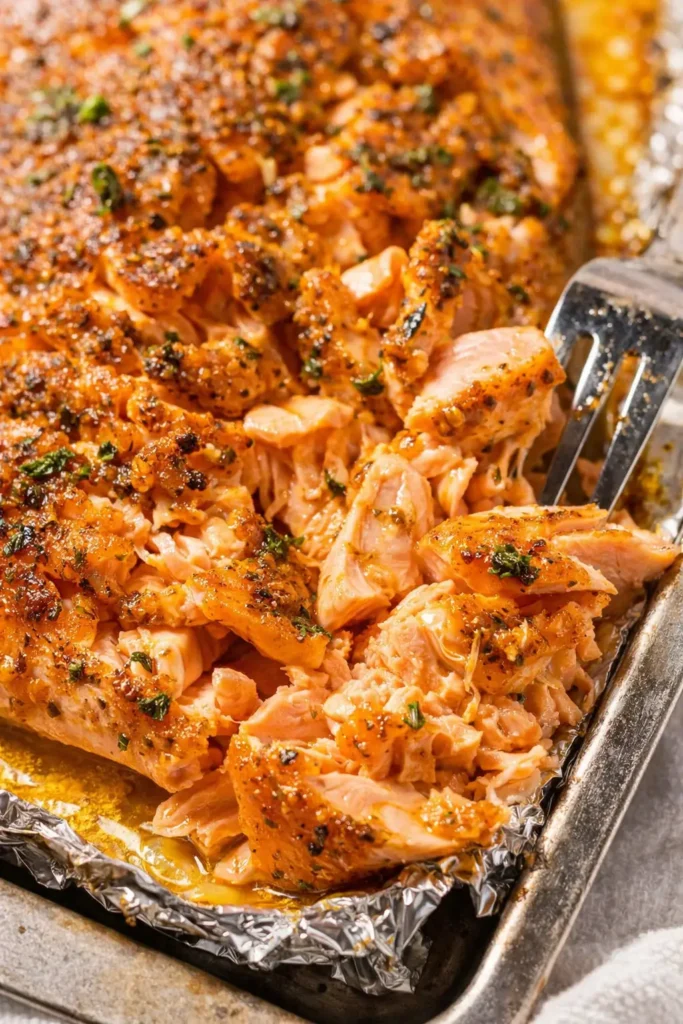 Oven baked salmon flaky texture with garlic butter and herbs
