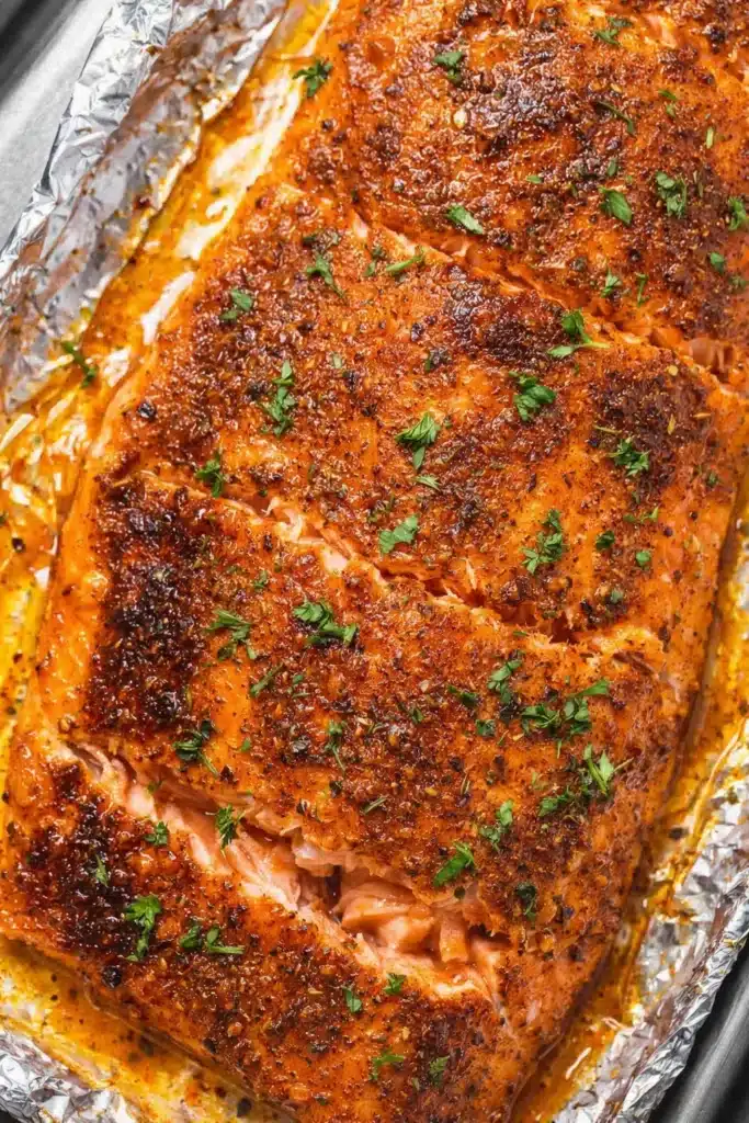 Oven baked salmon fillet with garlic butter and herbs on baking tray