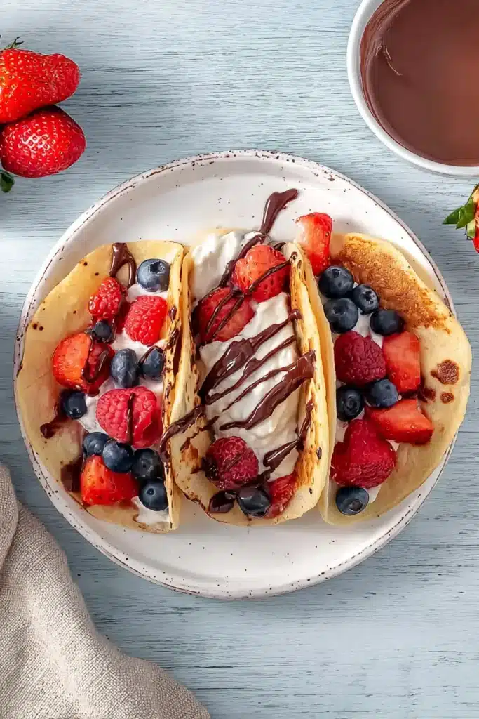 Pancake Tacos with Fruit topped with yogurt and chocolate drizzle