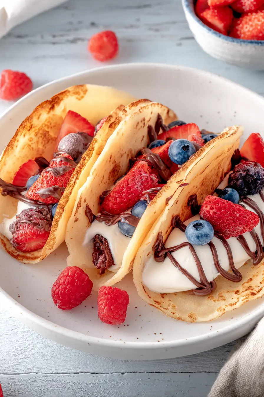 Pancake tacos with fruit, yogurt, and chocolate drizzle on a plate