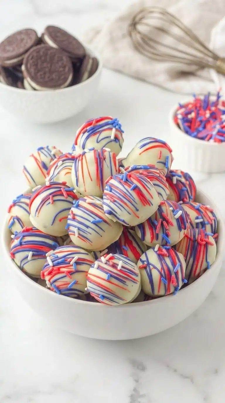 Patriotic Oreo balls with white chocolate coating and red blue drizzle in bowl