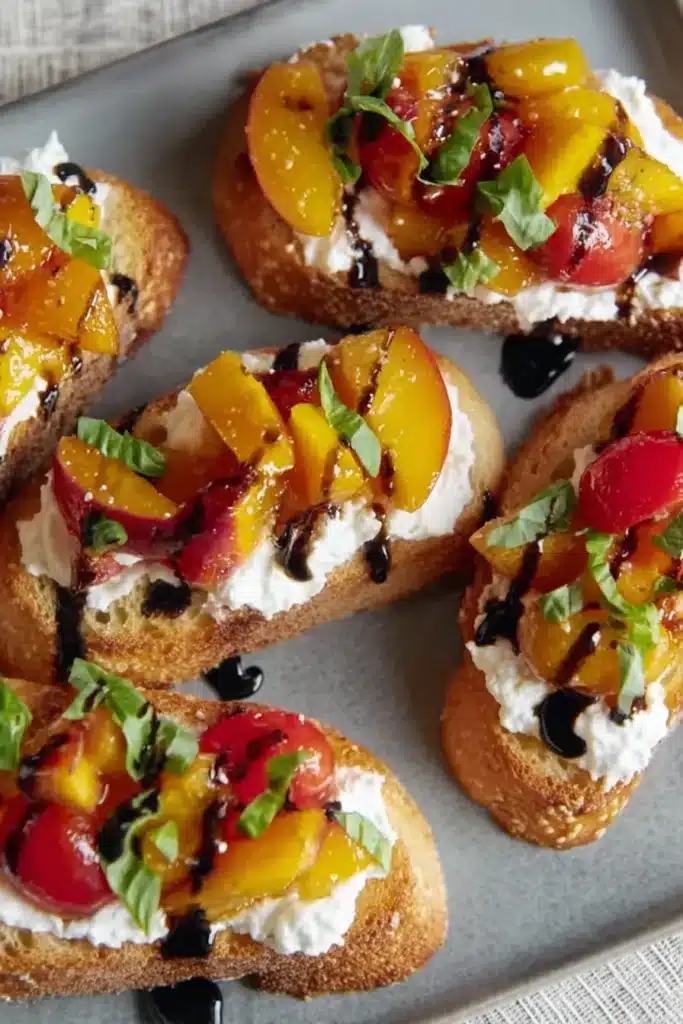 Peach bruschetta with whipped ricotta, tomatoes, basil, and balsamic glaze on toasted bread