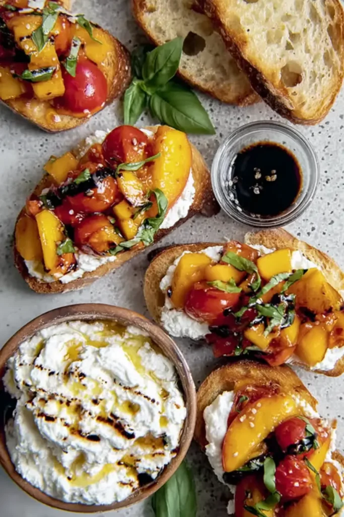 Peach Bruschetta with Whipped Ricotta ingredients and assembled appetizer on marble surface