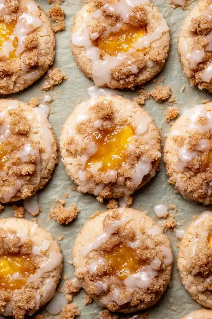 Peach Cobbler Cookies with glaze, crumble topping, and jam center on parchment