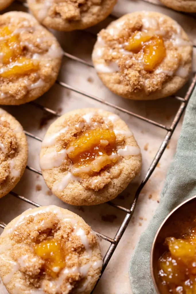 Peach cobbler cookies with jam center, crumble topping, and glaze on cooling rack