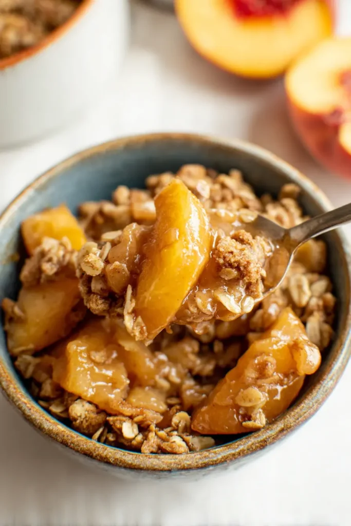 Peach crisp with oat topping served warm in a bowl with soft baked peaches