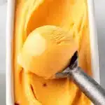 Peach sorbet in a dish with scoop, creamy smooth summer frozen dessert