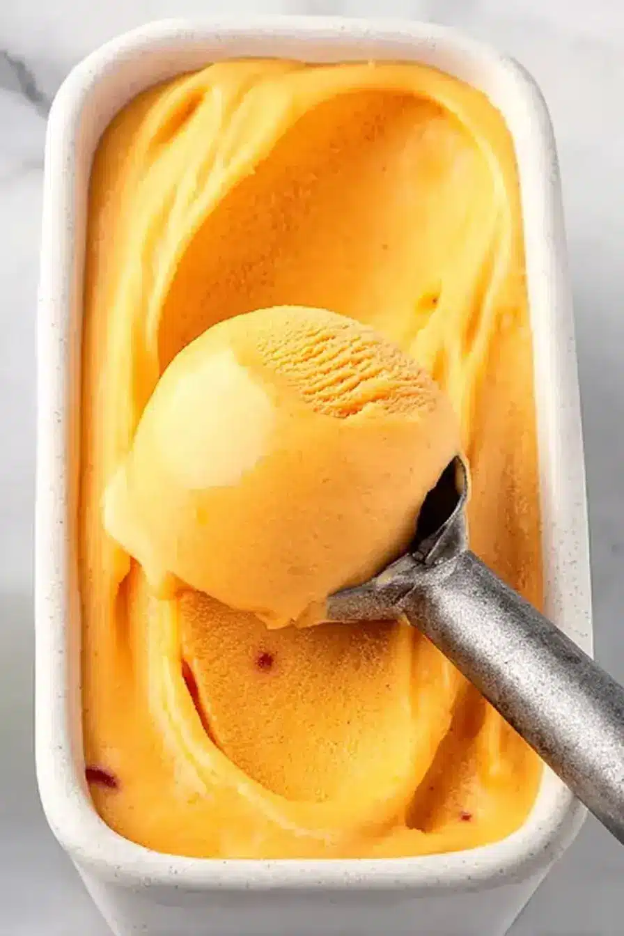Peach sorbet in a dish with scoop, creamy smooth summer frozen dessert