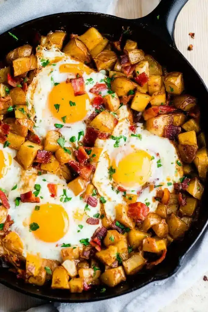 Potato and egg hash with crispy potatoes, sunny eggs, and herbs in a skillet