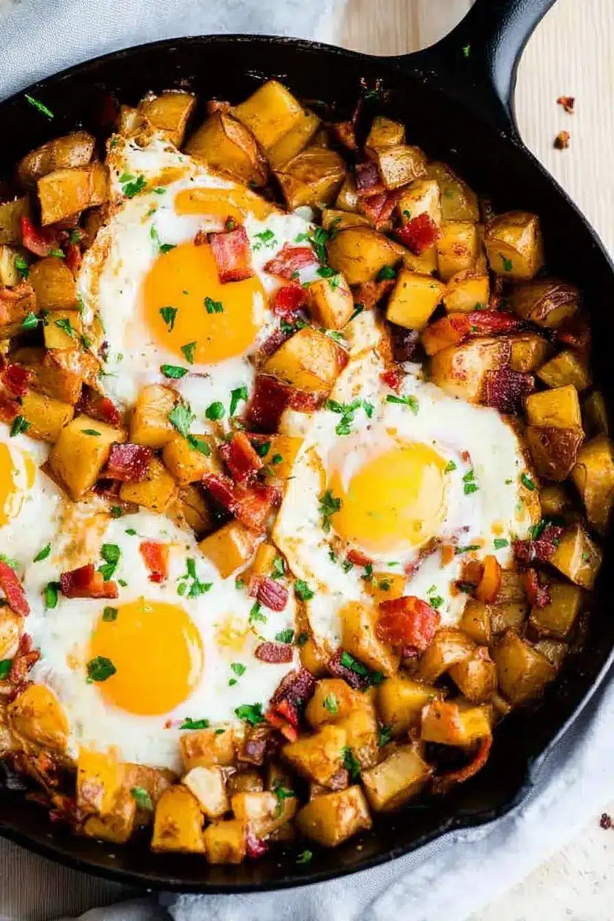 Potato and egg hash with crispy potatoes, sunny eggs, and herbs in a skillet