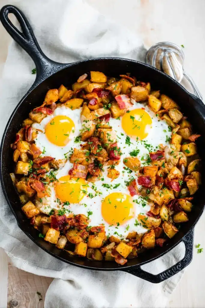  Potato and Egg Hash with crispy potatoes and sunny eggs in skillet