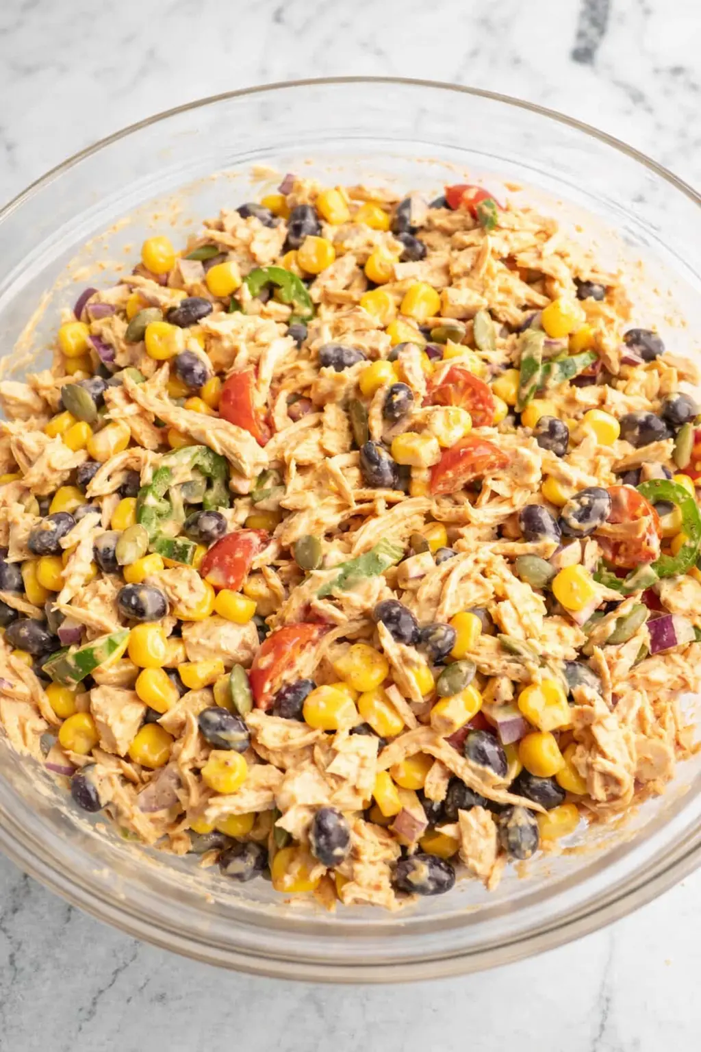 Quick Southwest chicken salad with shredded chicken, corn, black beans, and creamy dressing