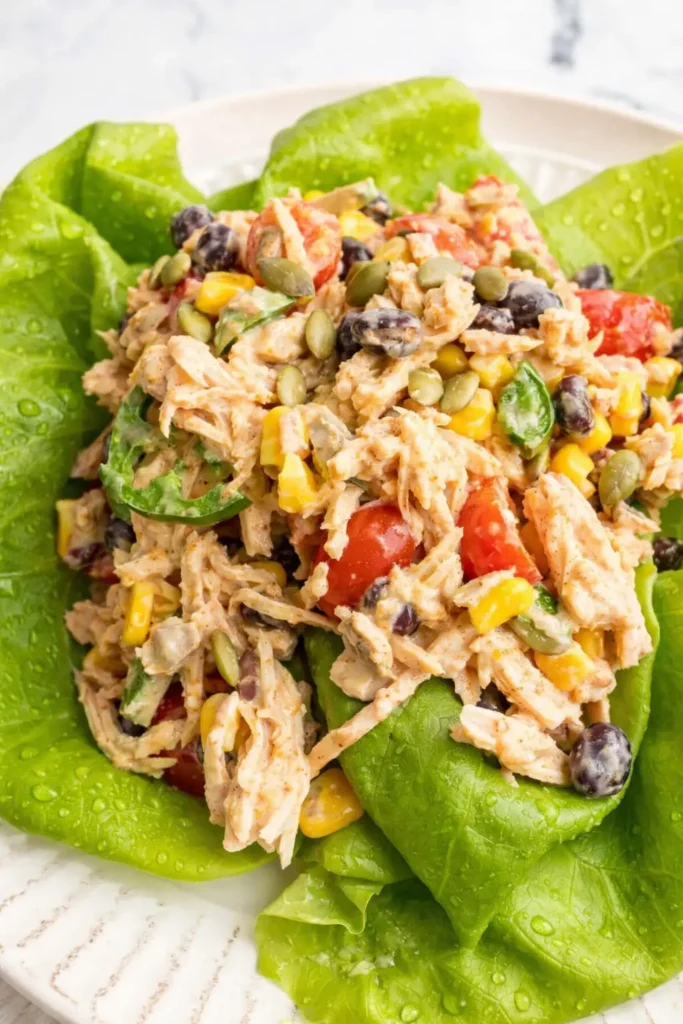 Quick Southwest Chicken Salad Quick Easy Flavorful 4 Quick Southwest Chicken Salad served in lettuce cups with corn and black beans