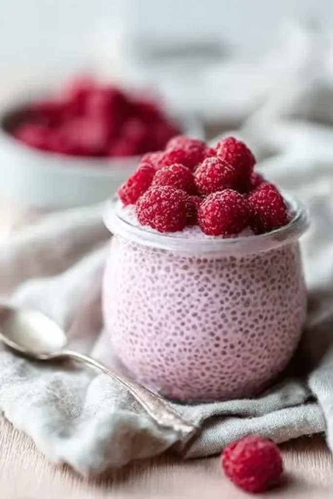 Raspberry chia pudding in a jar topped with fresh berries healthy breakfast