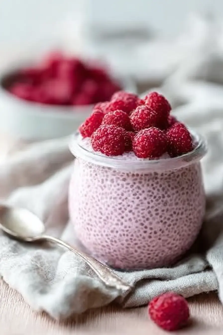 Raspberry chia pudding in a jar topped with fresh berries healthy breakfast