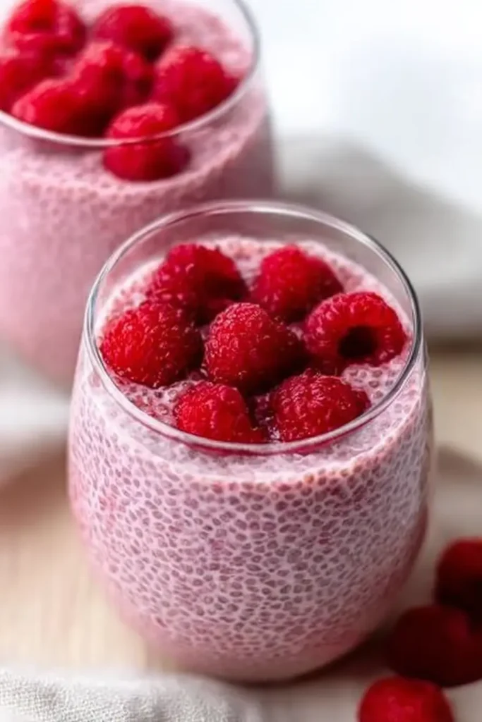 Raspberry Chia Pudding in glass cups with fresh raspberry topping