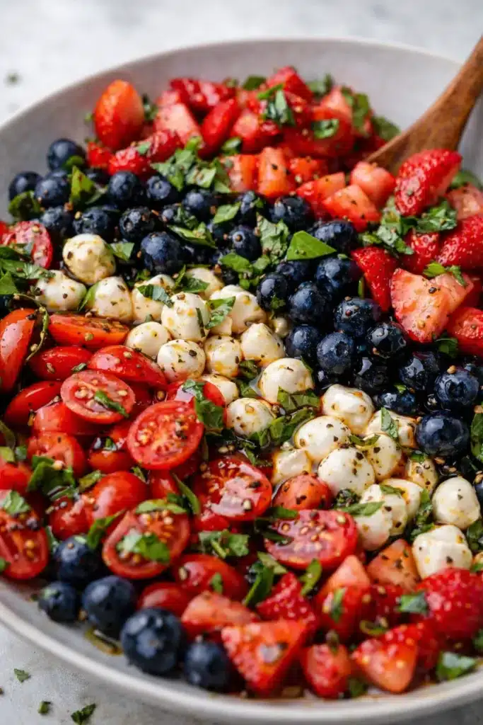 Red white and blue caprese salad with strawberries blueberries mozzarella and basil in bowl