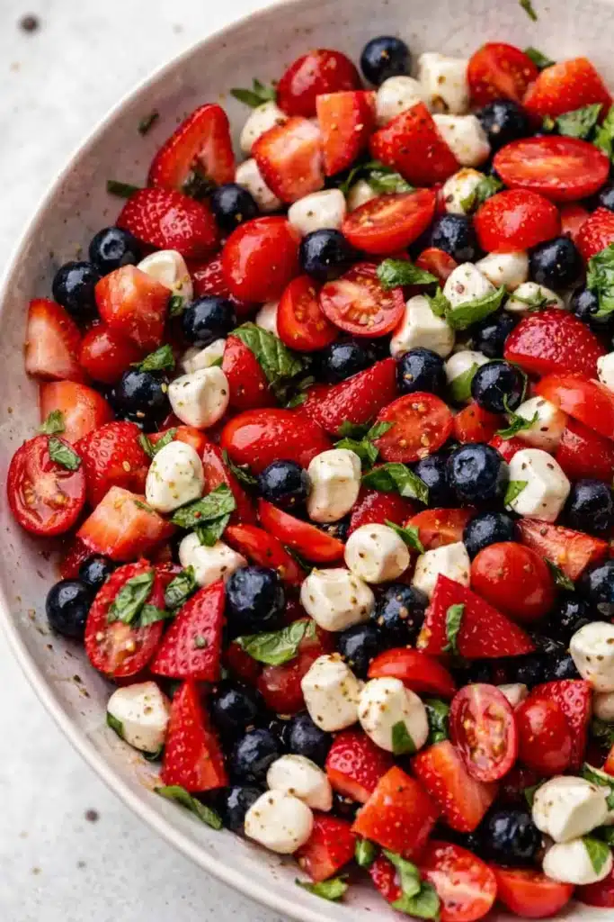 red white and blue caprese salad with strawberries blueberries mozzarella and basil