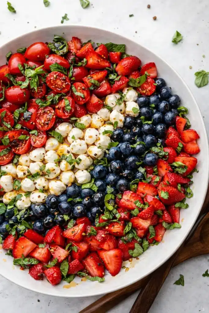 red white and blue caprese salad with strawberries blueberries mozzarella and basil
