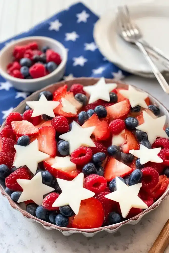 Red white and blue fruit salad with berries and star-shaped pears in festive summer bowl