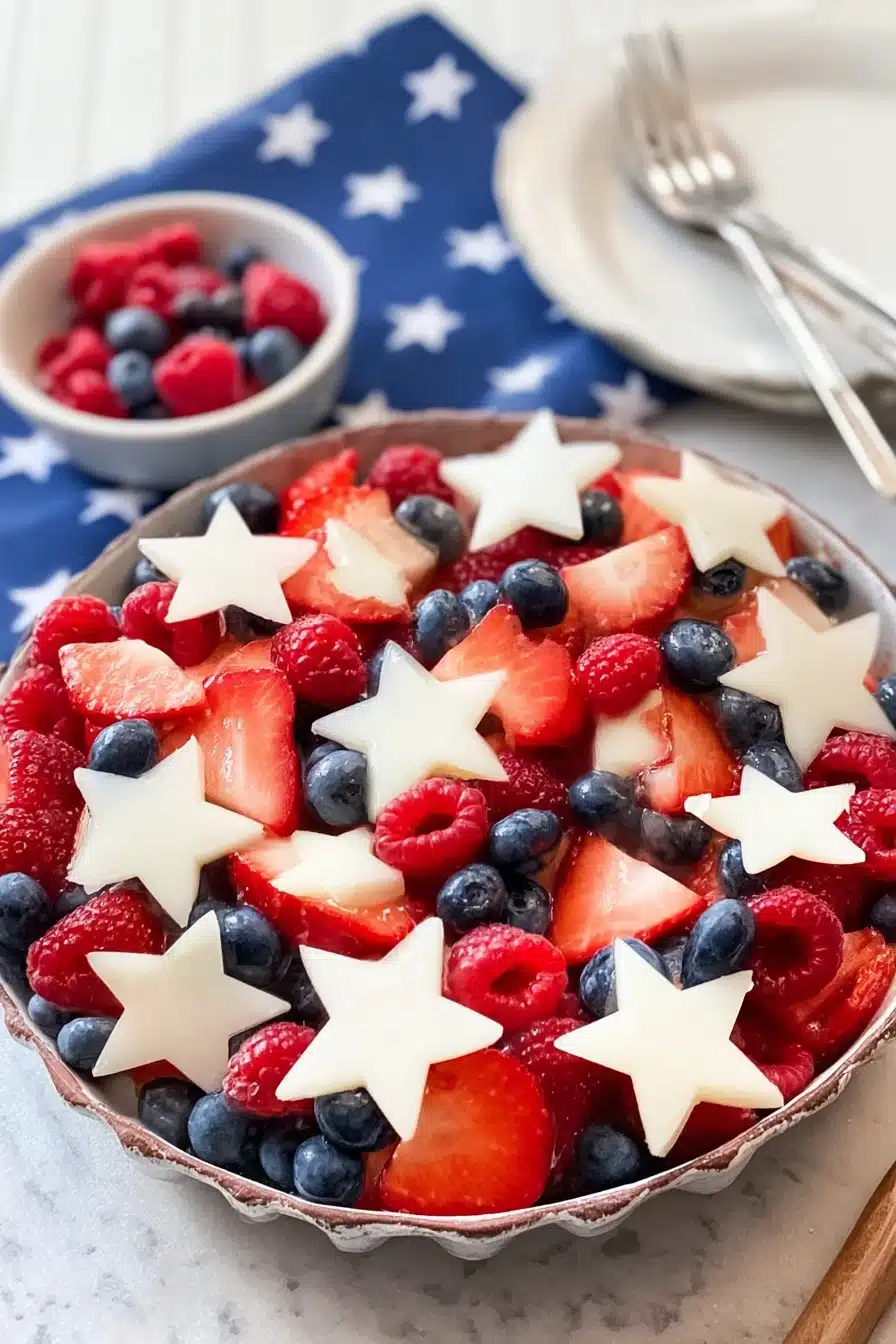Red white and blue fruit salad with berries and star-shaped pears in festive summer bowl