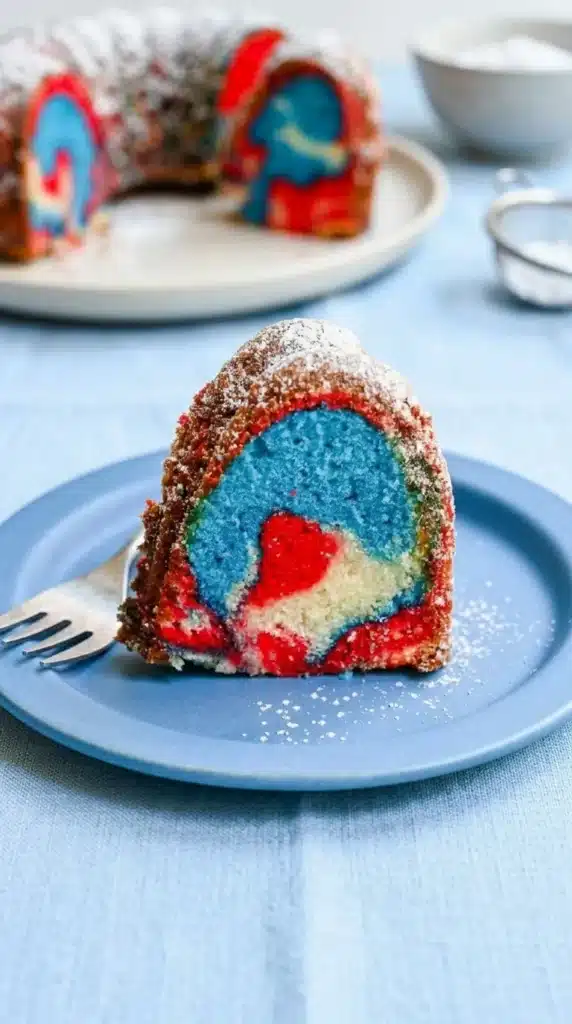 Red, white, and blue marble cake slice on plate with powdered sugar