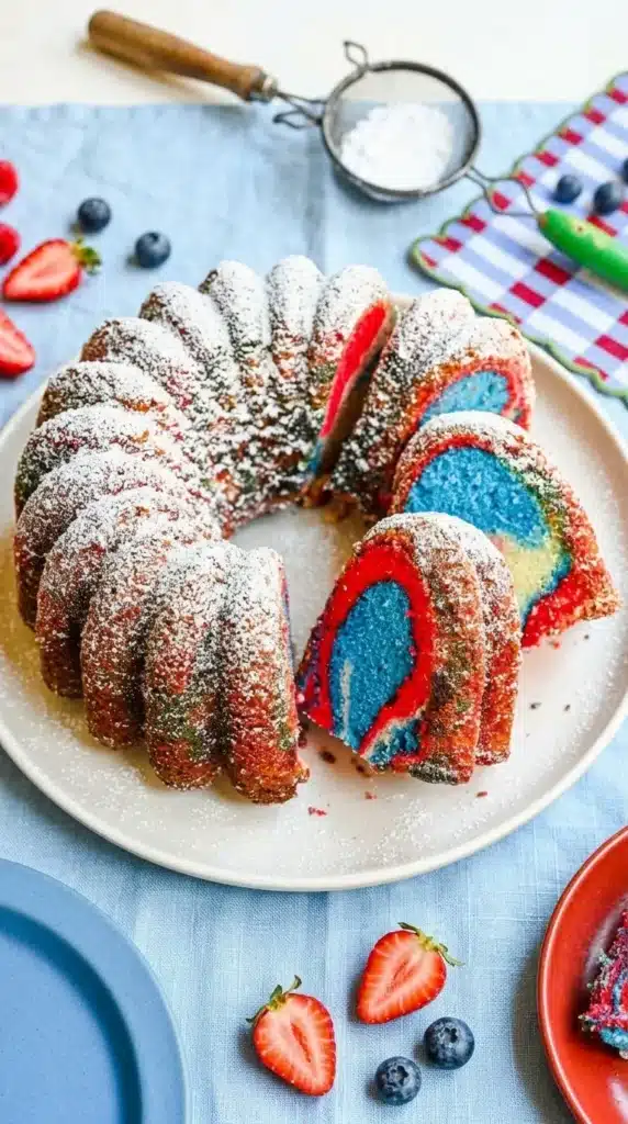 Red white and blue marble cake sliced with powdered sugar on top