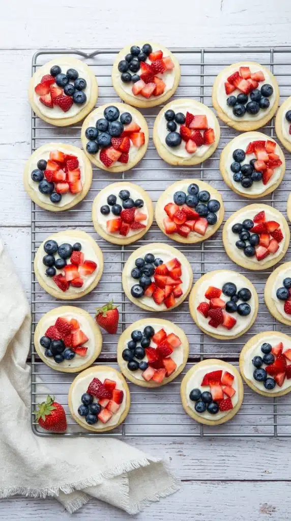 red white and blue mini fruit pizzas with strawberries and blueberries on cookies