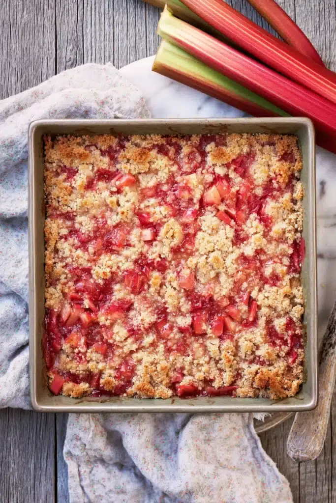 Rhubarb dessert with jello and crumb topping in baking dish with fresh rhubarb