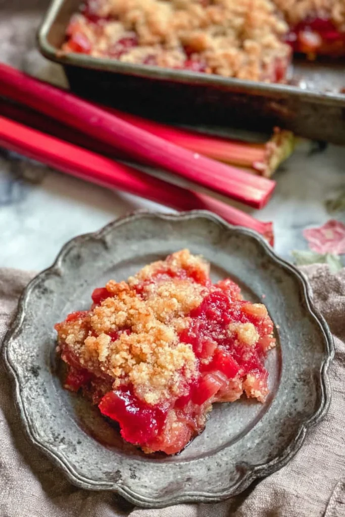 Rhubarb dessert recipe with jello served on plate with crumb topping