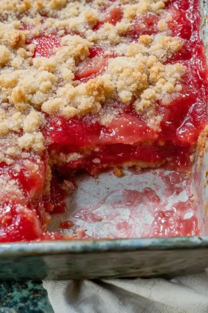 Rhubarb dessert recipe with jello baked in pan with visible layers