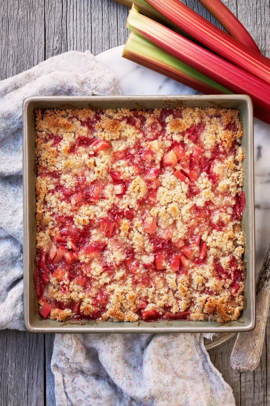 Rhubarb dessert with jello and crumb topping in baking dish with fresh rhubarb