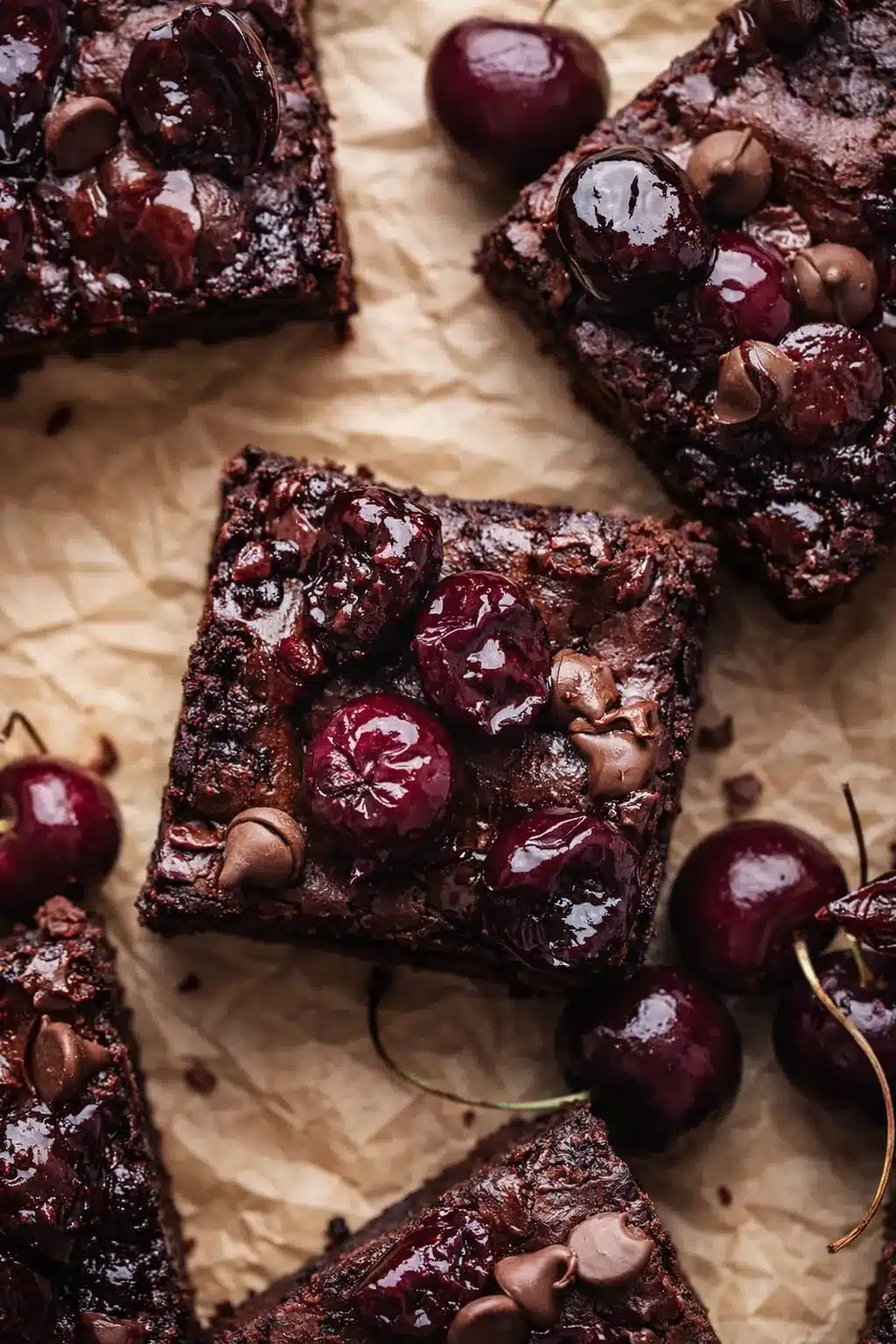 Fudgy roasted chocolate cherry brownies with glossy cherries and melted chocolate chips