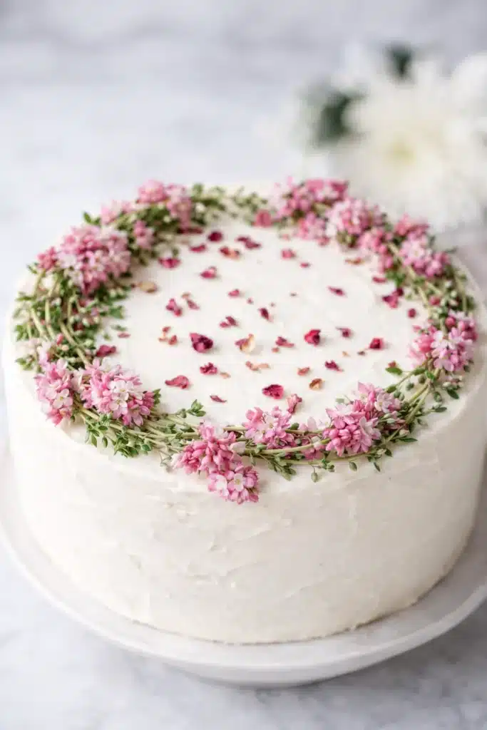 Rose Rhubarb Layer Cake with floral wreath decoration and smooth buttercream frosting