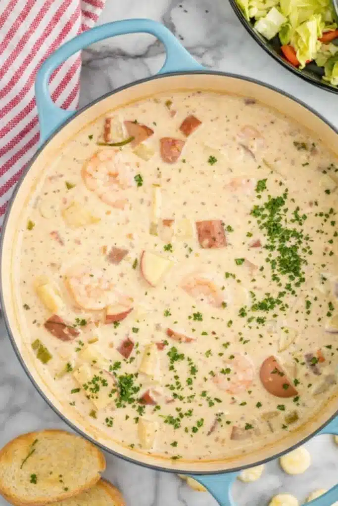Seafood Chowder Easy Creamy Comfort Recipe 5 Seafood chowder in pot with shrimp potatoes and herbs