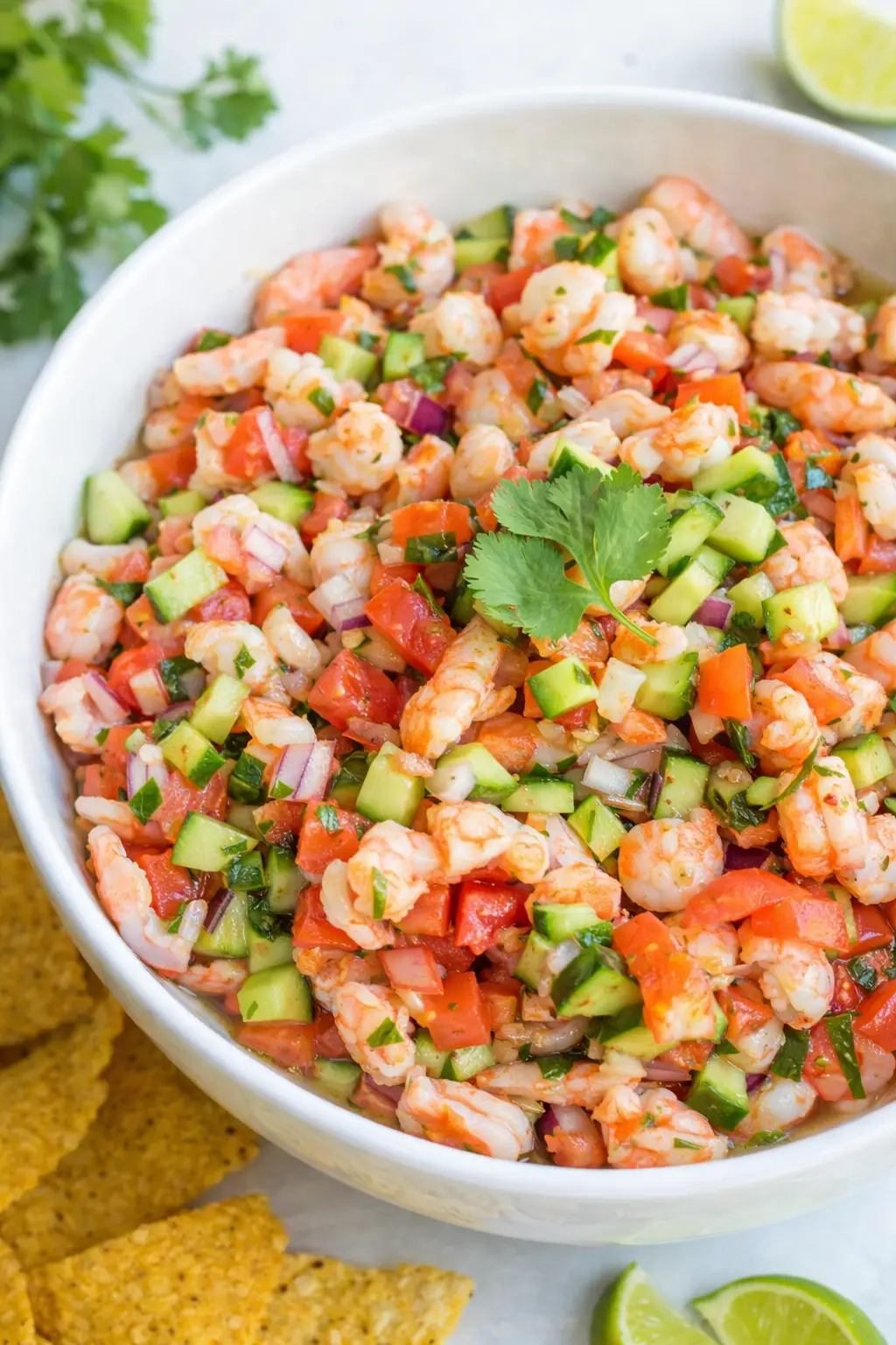 Fresh shrimp ceviche with avocado, cucumber, and tomatoes in a bowl with tortilla chips