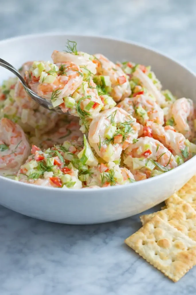 Shrimp salad recipe with creamy dressing, celery, and fresh dill in a bowl