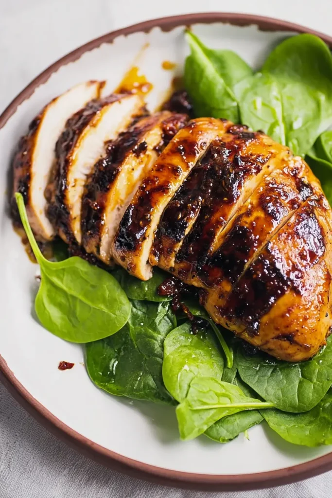 Balsamic baked chicken breast sliced with glossy glaze and spinach